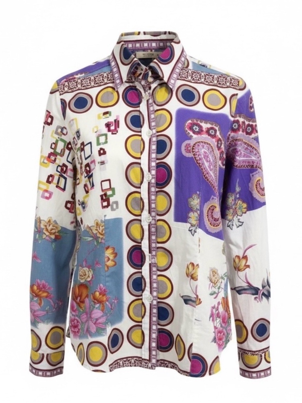 Etro Italy geometric vibrant stretch cotton button up shirt top women 50 l large